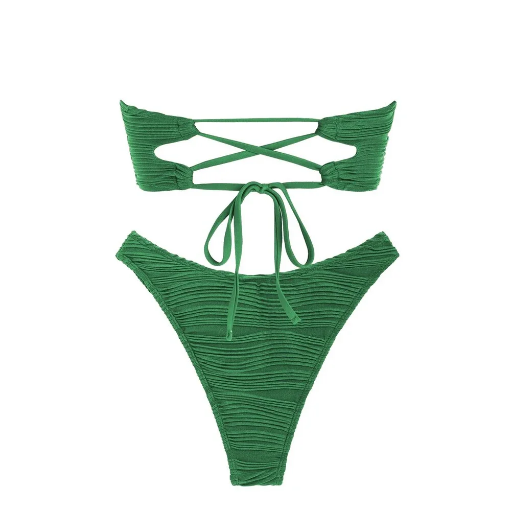 ZAFUL Women's Green Strapless Textured Bandeau Bikini 2 Piece Swimwear Cheeky M